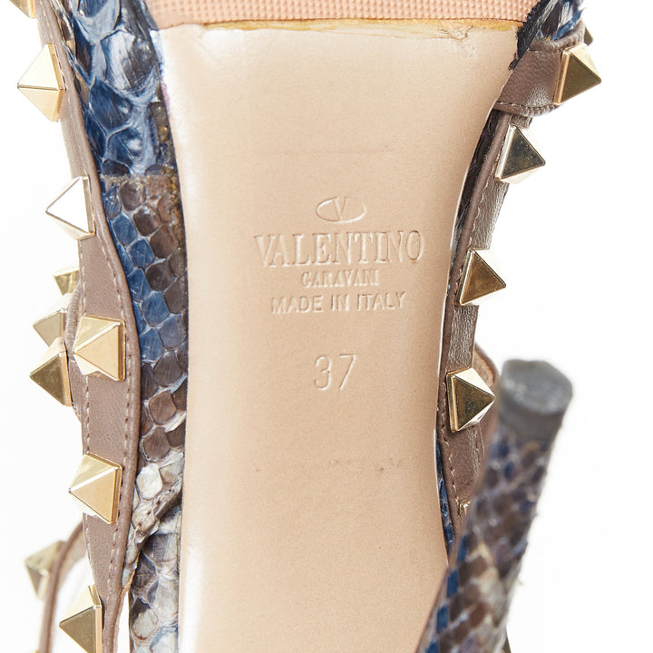 VALENTINO Rockstud python leather beige cage ankle strap stiletto pumps EU37