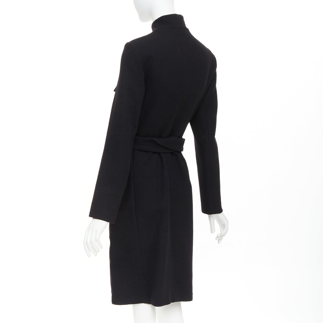 LANVIN 2003 black wool cargo pocket belted high neck zip front long coat FR36 S