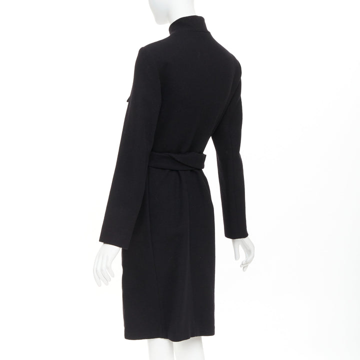 LANVIN 2003 black wool cargo pocket belted high neck zip front long coat FR36 S