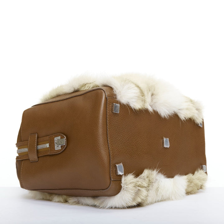 MICHAEL KORS COLLECTION brown leather cream coyote fur duffel tote bag