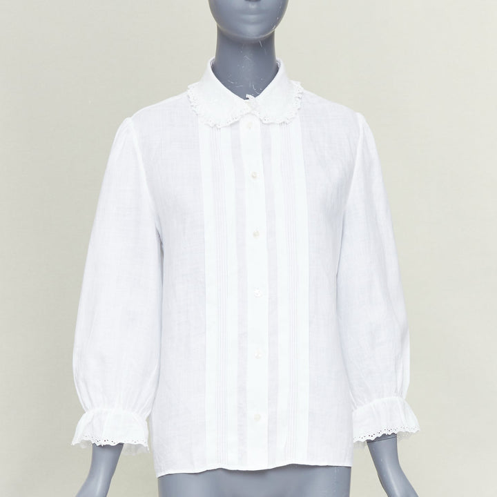 CELINE white linen ramie eyelet ruffled collar embroidered pleated shirt FR36 S