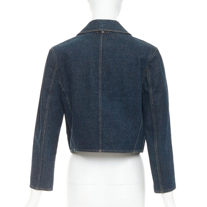 CHANEL 1996 Vintage washed indigo denim logo patch pocket cropped denim jacket