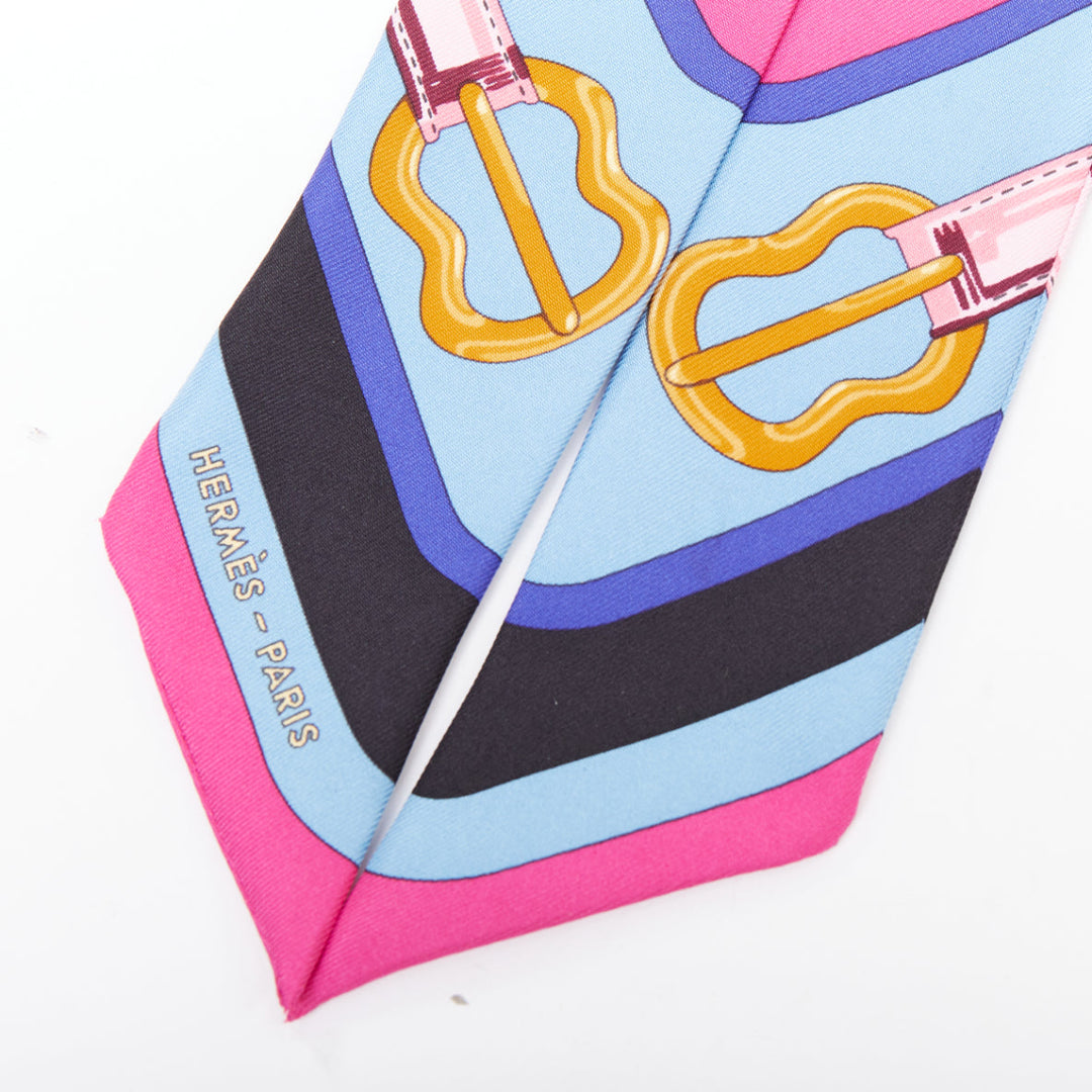 HERMES Coaching  Twilly hot pink blue gold buckles handbag skinny scarf