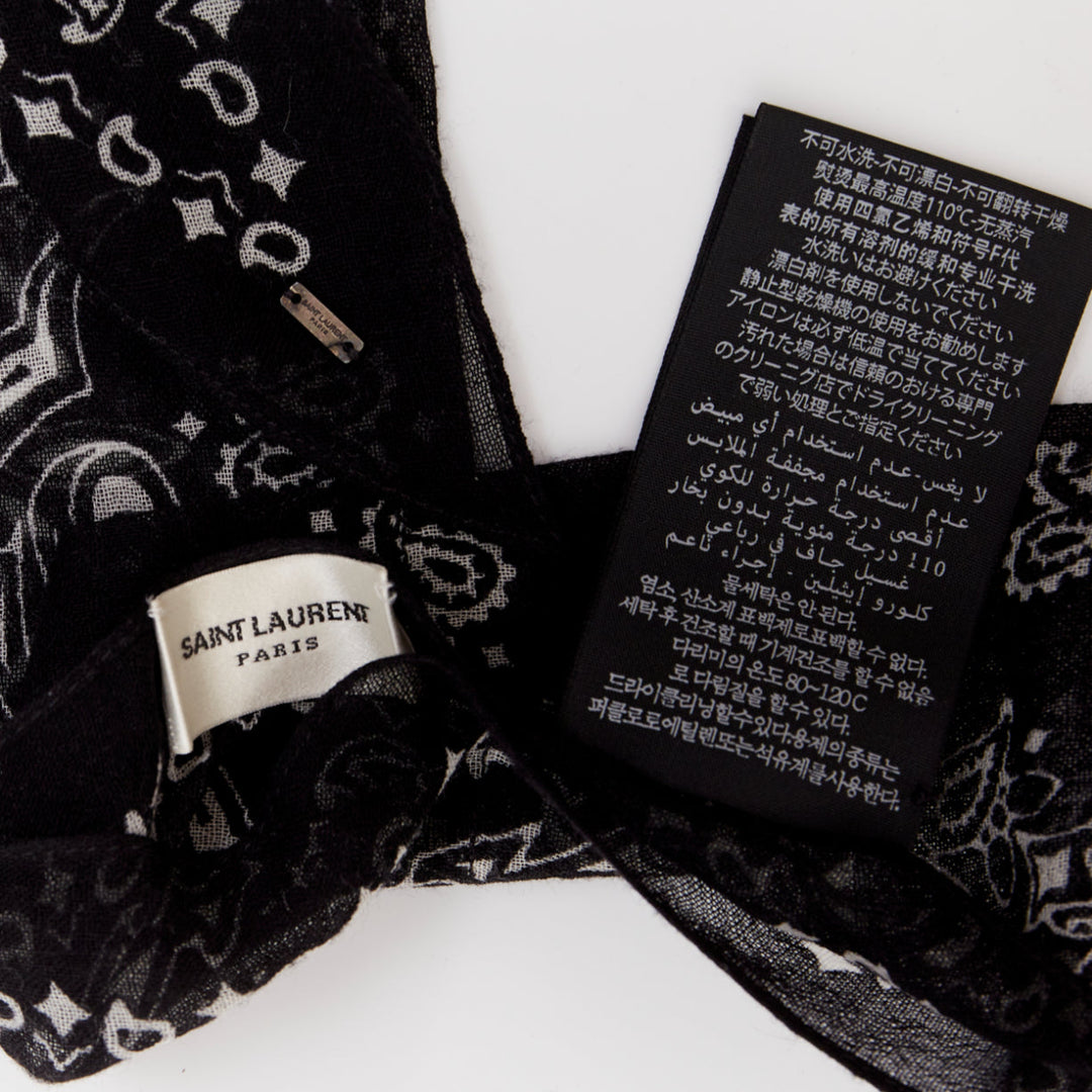 SAINT LAURENT 2019 Bandana Lavalliere Tie black white wool paisley print scarf