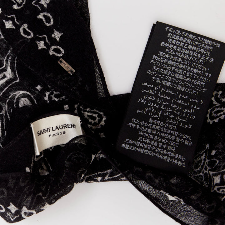 SAINT LAURENT 2019 Bandana Lavalliere Tie black white wool paisley print scarf