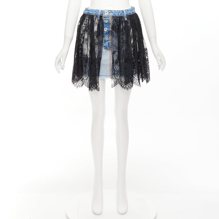 UNRAVEL PROJECT black floral lace ruffle blue denim inside out skirt 25"