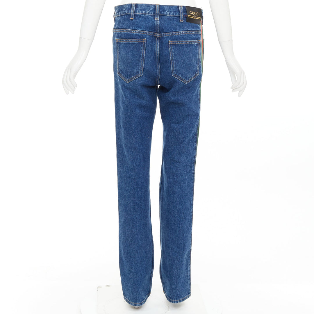 GUCCI blue cotton blend signature green red web trim straight leg jeans 31"