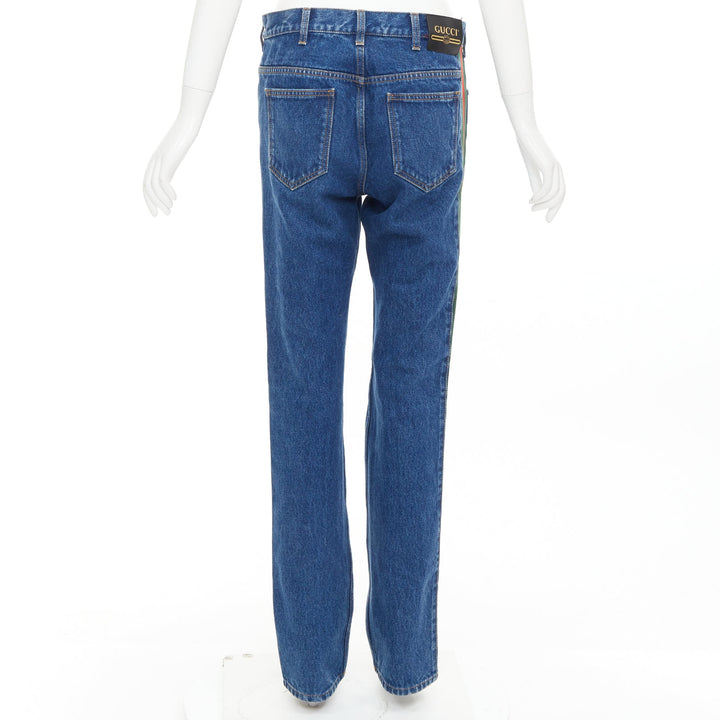 GUCCI blue cotton blend signature green red web trim straight leg jeans 31"
