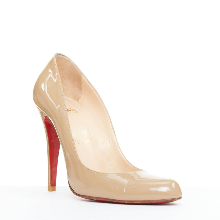 CHRISTIAN LOUBOUTIN taupe nude patent leather stiletto almond pumps EU38