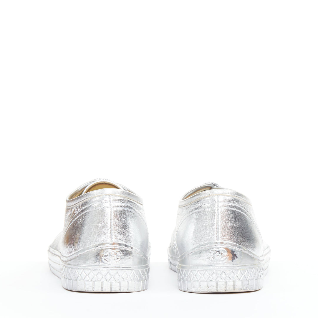 CHANEL 2017 metallic silver leather glitter lace up low top sneakers EU38.5