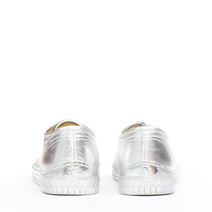 CHANEL 2017 metallic silver leather glitter lace up low top sneakers EU38.5