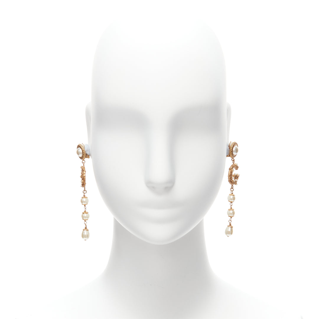 rare DOLCE GABBANA gold tone DG logo baroque pearl tiered drop clip earrings