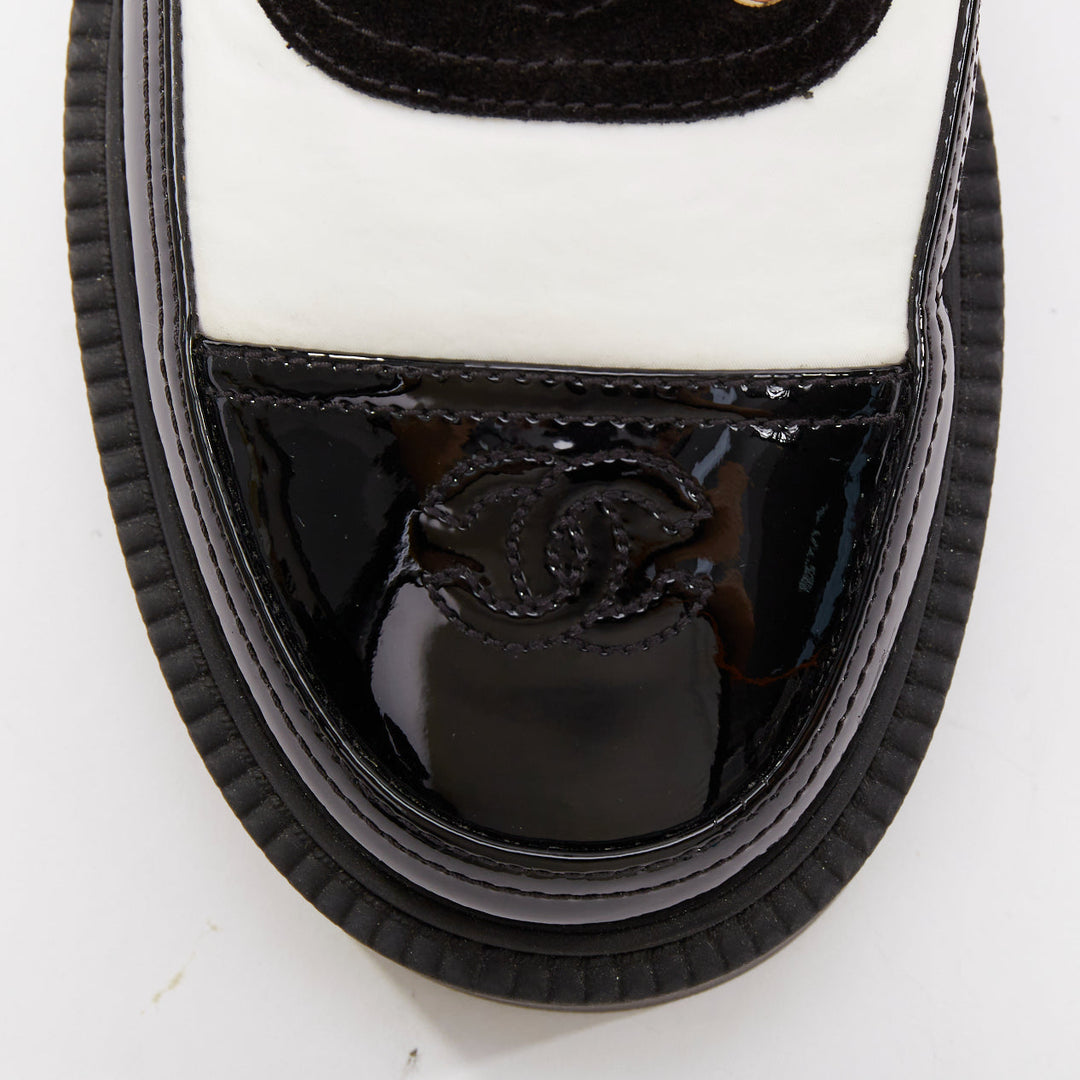 CHANEL 21B black white nylon patent leather trim CC brogue creepers EU38