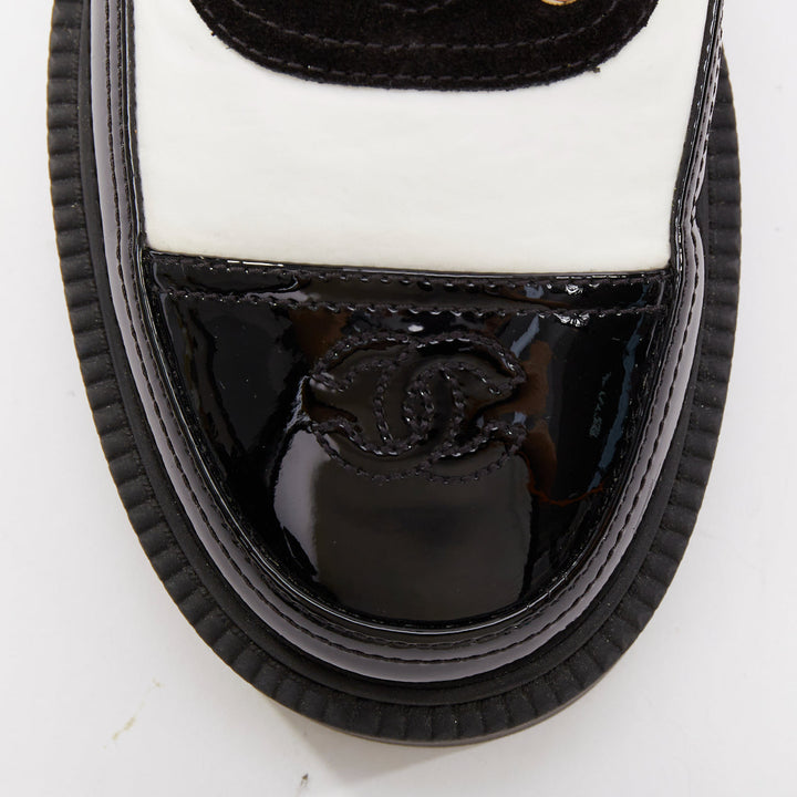 CHANEL 21B black white nylon patent leather trim CC brogue creepers EU38