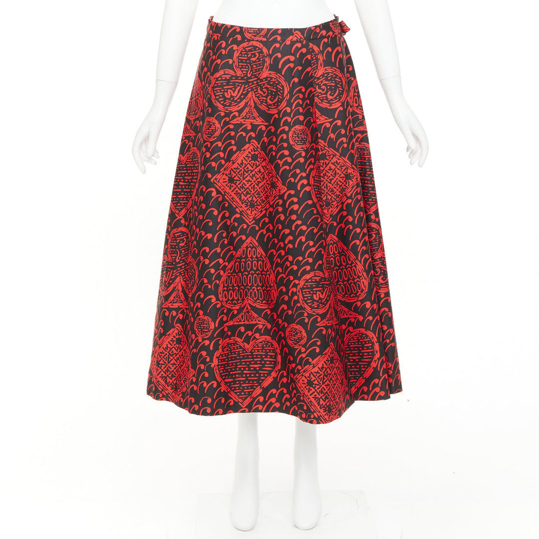 DIOR Diorarmour black red cotton playing cards print wrap midi skirt FR36 S
