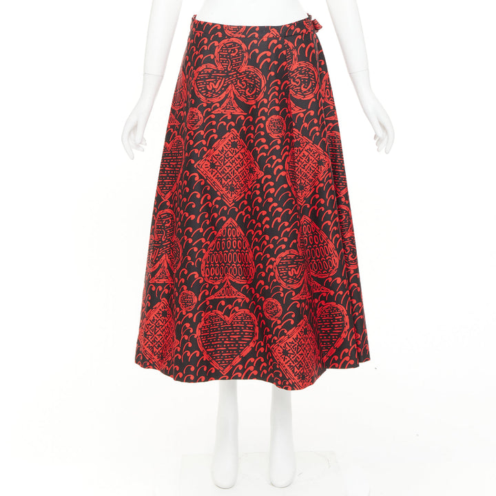 DIOR Diorarmour black red cotton playing cards print wrap midi skirt FR36 S