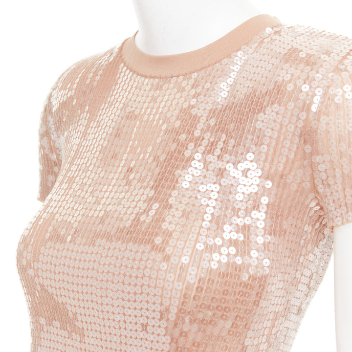 ALEXANDER WANG 2023 Sequin Ribbed nude beige clear sequins cropped sweater XS