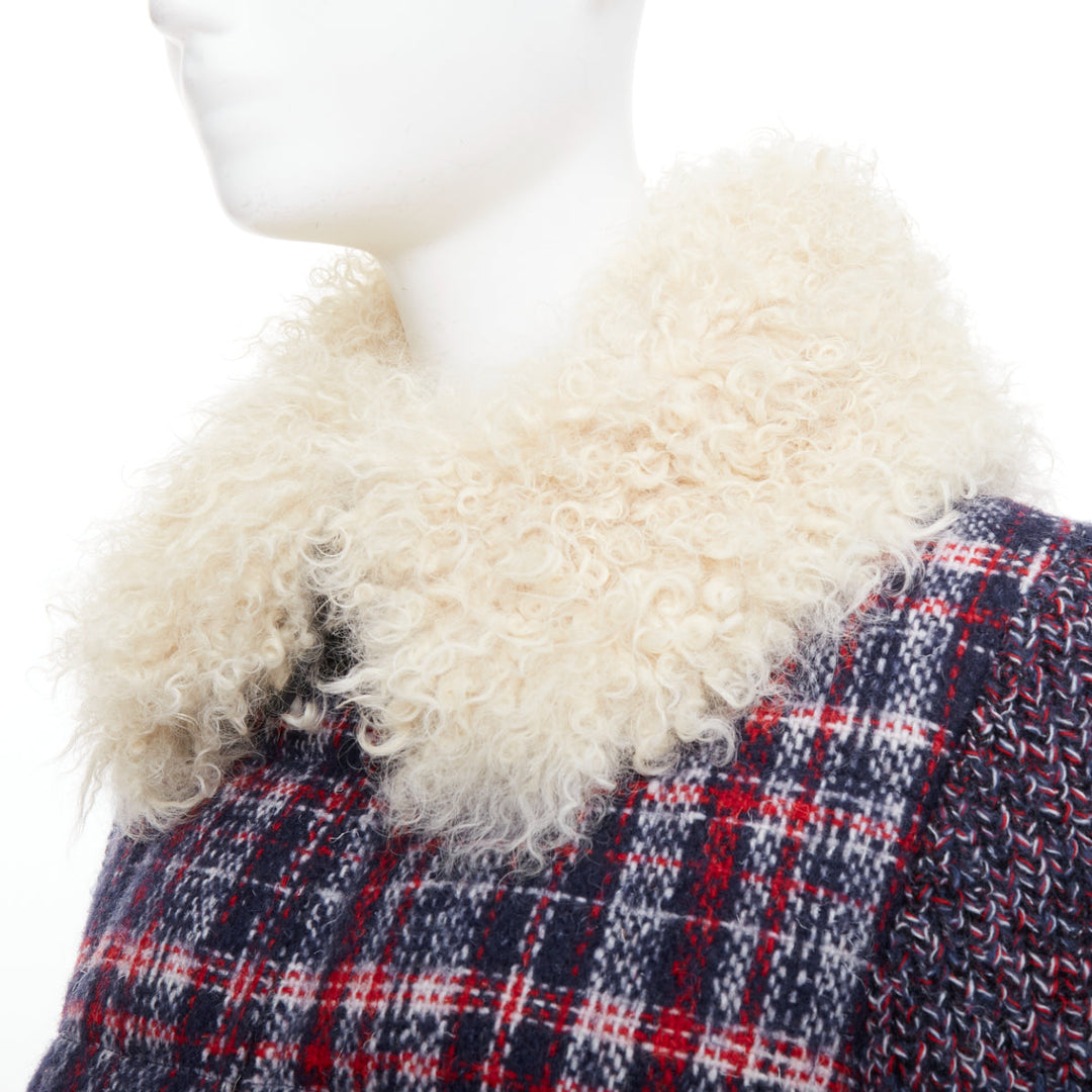 MONCLER GRENOBLE Runway Soleil red blue tweed fur collar down puffer Sz.0 XS