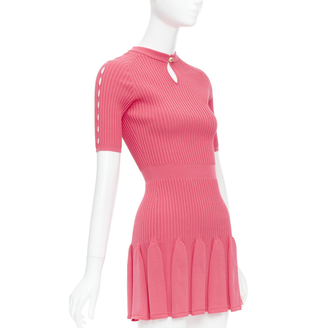 BALMAIN coral pink  keyhole neck ribbed flutter skirt mini dress FR34 XS