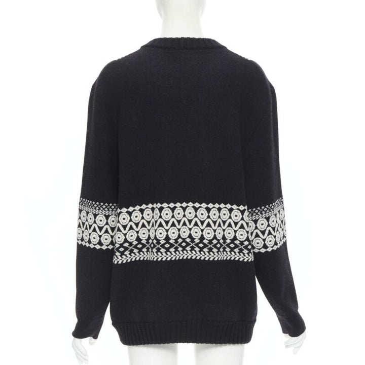 CHLOE 100% wool black white intarsia woven long sleeve sweater pullover XS