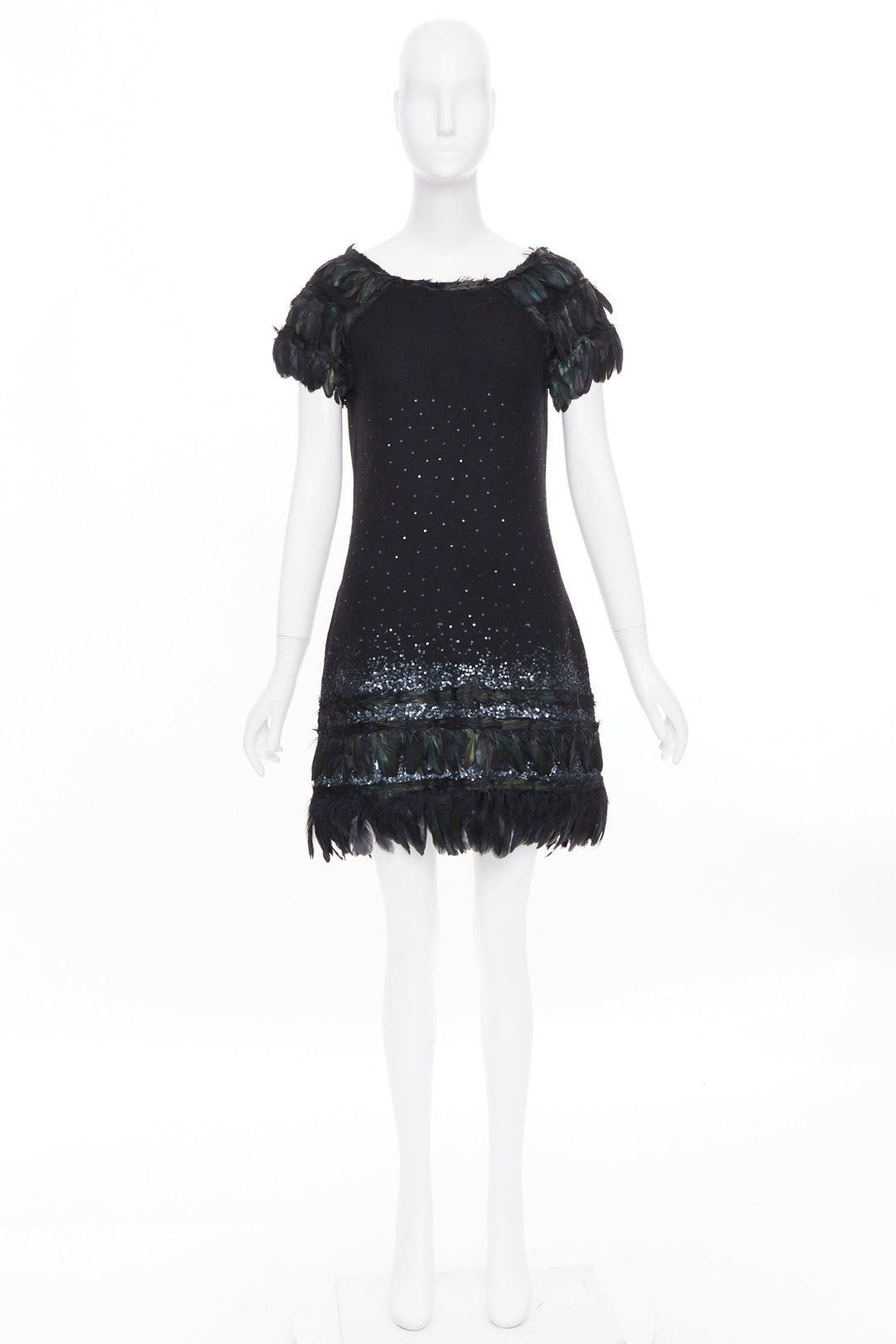 DIANE VON FURSTENBERG black wool iridescent sequin feather hem mini dress S