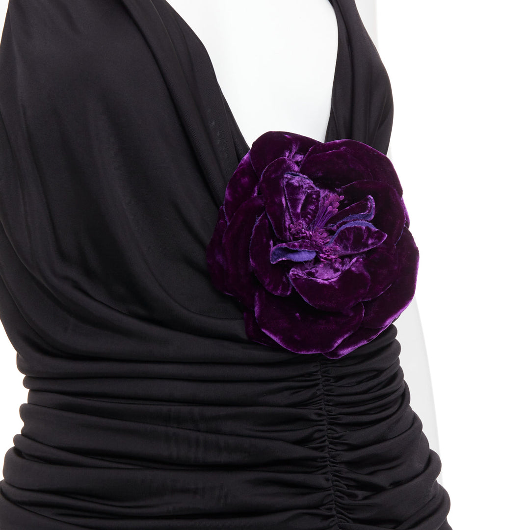 rare SAINT LAURENT 2022 Runway purple Wild Rose applique ruched plunge gown S