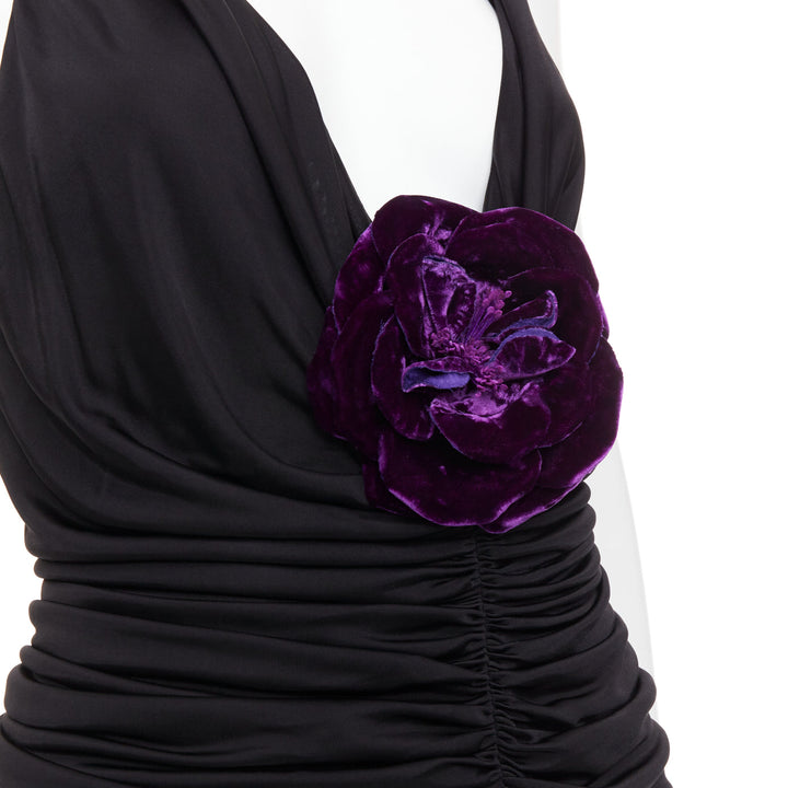 rare SAINT LAURENT 2022 Runway purple Wild Rose applique ruched plunge gown S