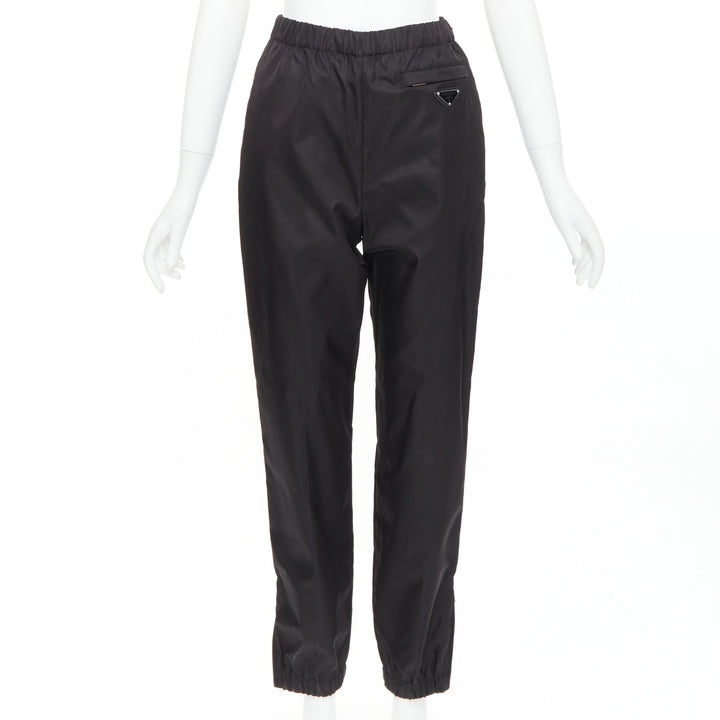 PRADA black silver logo leather plague nylon high waist tapered jogger pants
