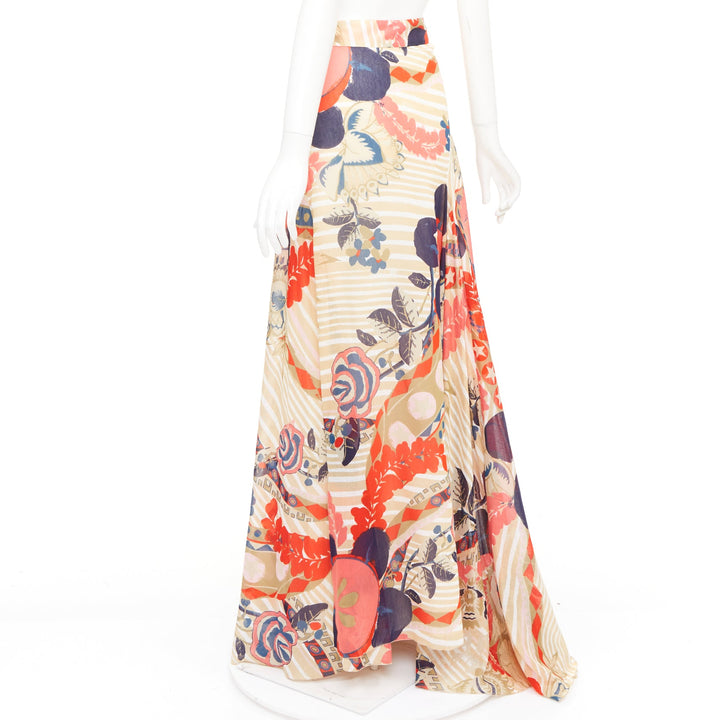 CHRISTIAN LACROIX stripe floral kaleidoscope print cotton silk skirt FR46 3XL