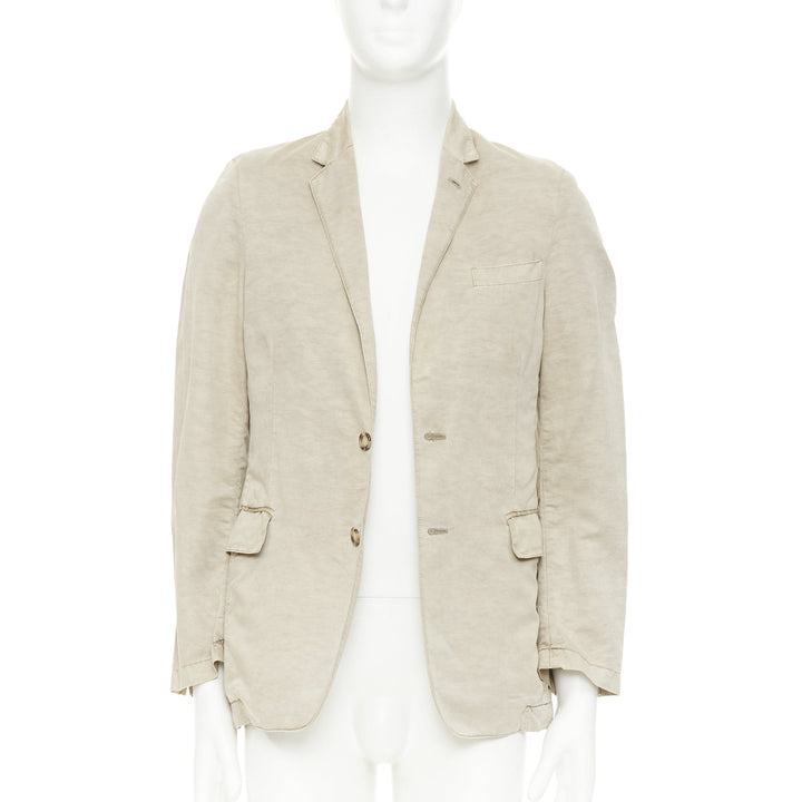 PRADA beige coated linen cotton flap pockets two button relaxed blazer IT48 M