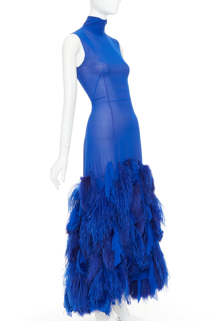 rare ALEXANDRE VAUTHIER COUTURE 2022 Runway Lemarie blue feather fur sheer dress