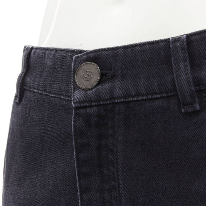 CHANEL washed black denim braided tweed trim CC pocket cropped jeans FR38 M