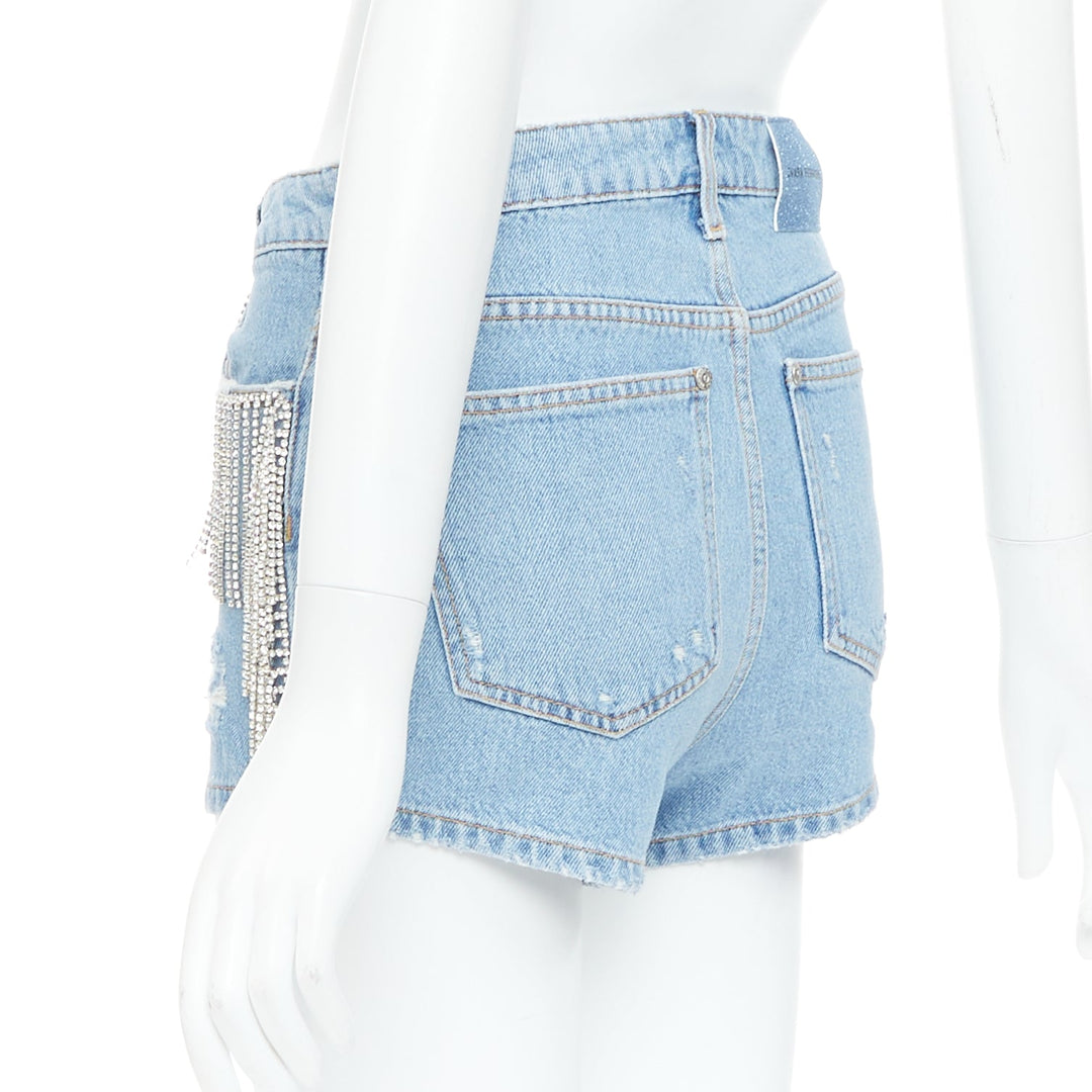 CHIARA FERRAGNI blue crystal fringe distressed denim short shorts XS