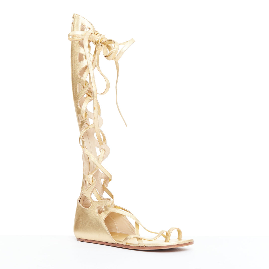 CHANEL 2011 gold leather criss cross calf toe ring gladiator flat sandals