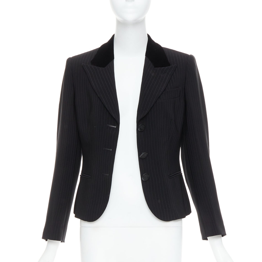 GIORGIO ARMANI black pinstripe velvet trim cropped tuxedo blazer IT40 S