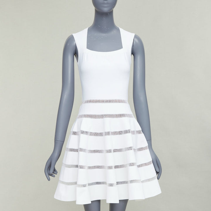 ALAIA ivory viscose blend square neck sheer lattice knit fit flare dress FR36 S