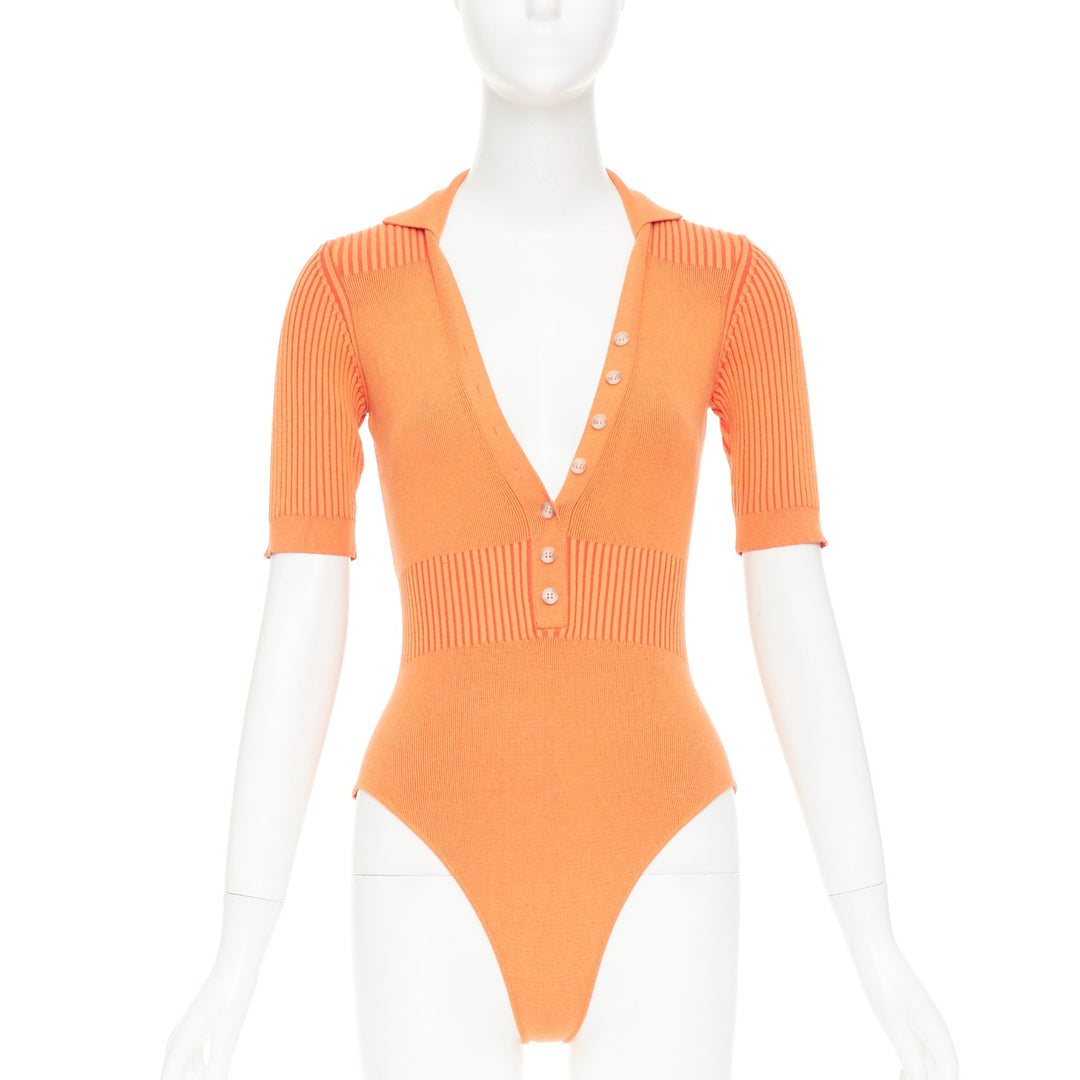 JACQUEMUS Le Body Yauco orange ribbed knit plunge polo bodysuit top FR36 S