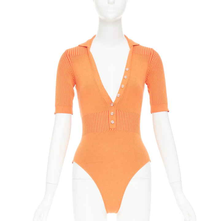 JACQUEMUS Le Body Yauco orange ribbed knit plunge polo bodysuit top FR36 S