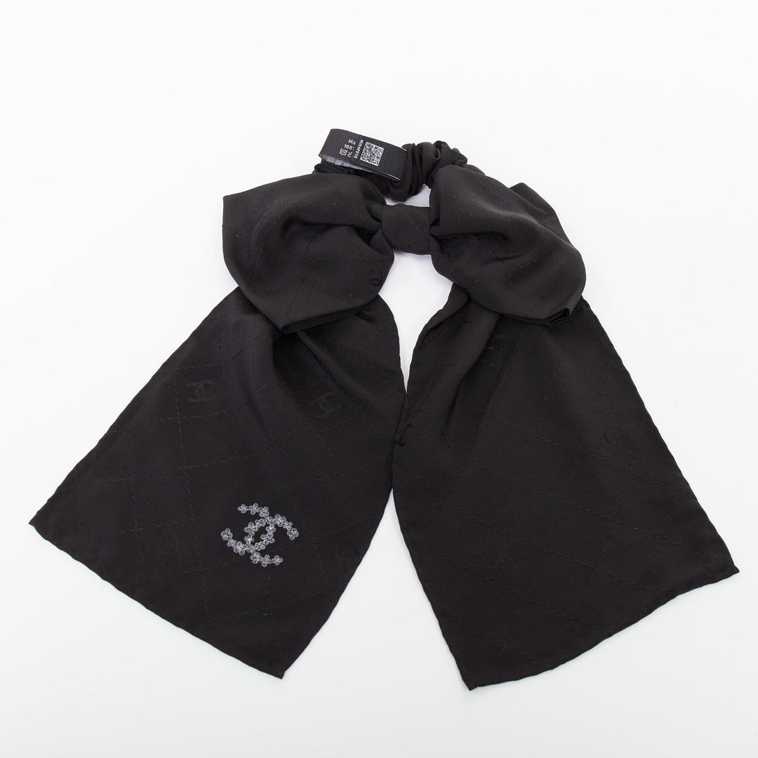 CHANEL black quilted pattern silk bow floral cc logo hair tie scrunchie