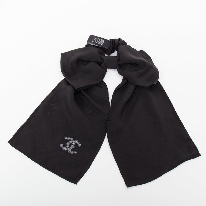 CHANEL black quilted pattern silk bow floral cc logo hair tie scrunchie