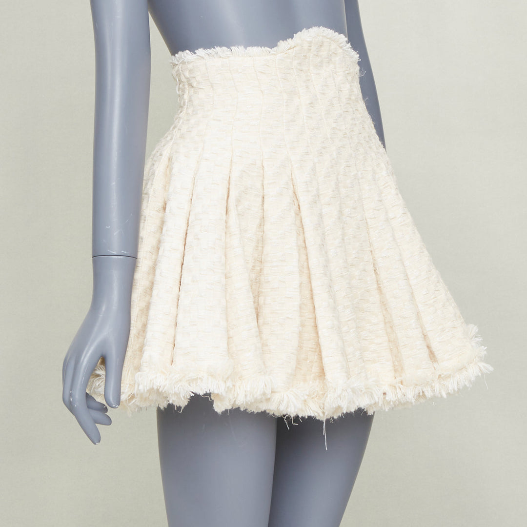 BALMAIN cream frayed pleated cotton tweed curved waist skater skirt FR34 XXS