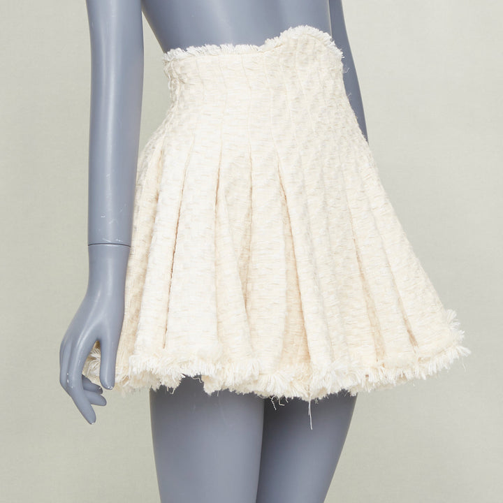 BALMAIN cream frayed pleated cotton tweed curved waist skater skirt FR34 XXS