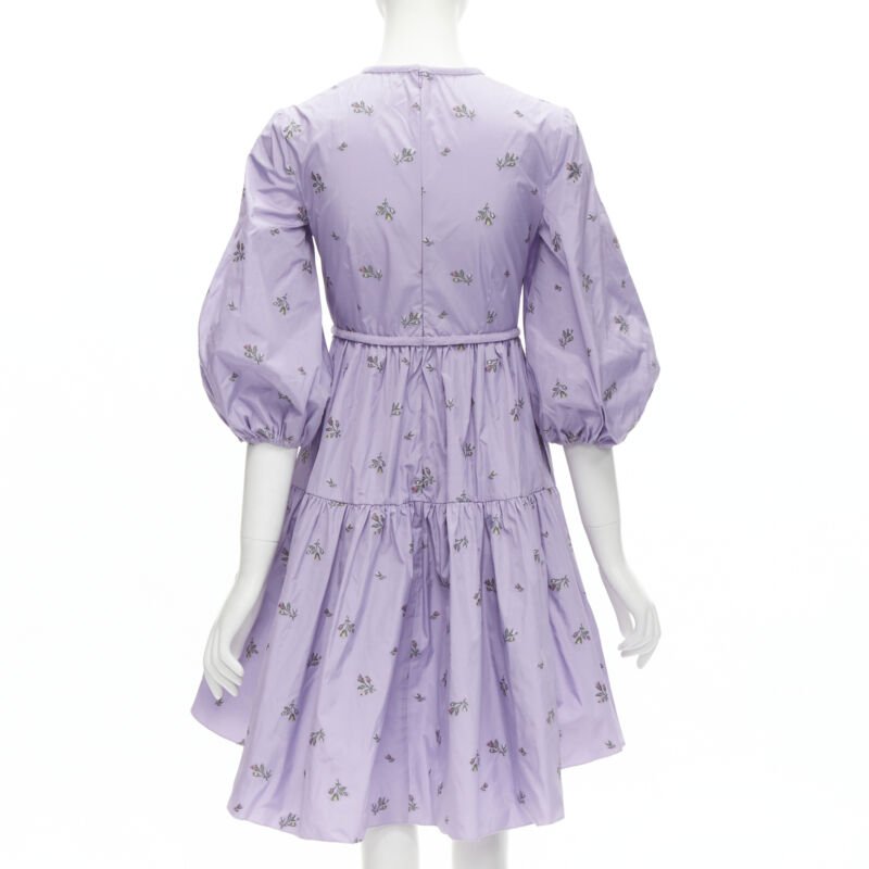 RED VALENTINO purple floral embroidery bow puff sleeve babydoll dress IT36 XS