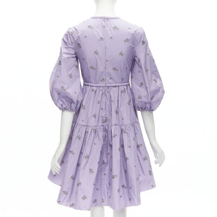 RED VALENTINO purple floral embroidery bow puff sleeve babydoll dress IT36 XS
