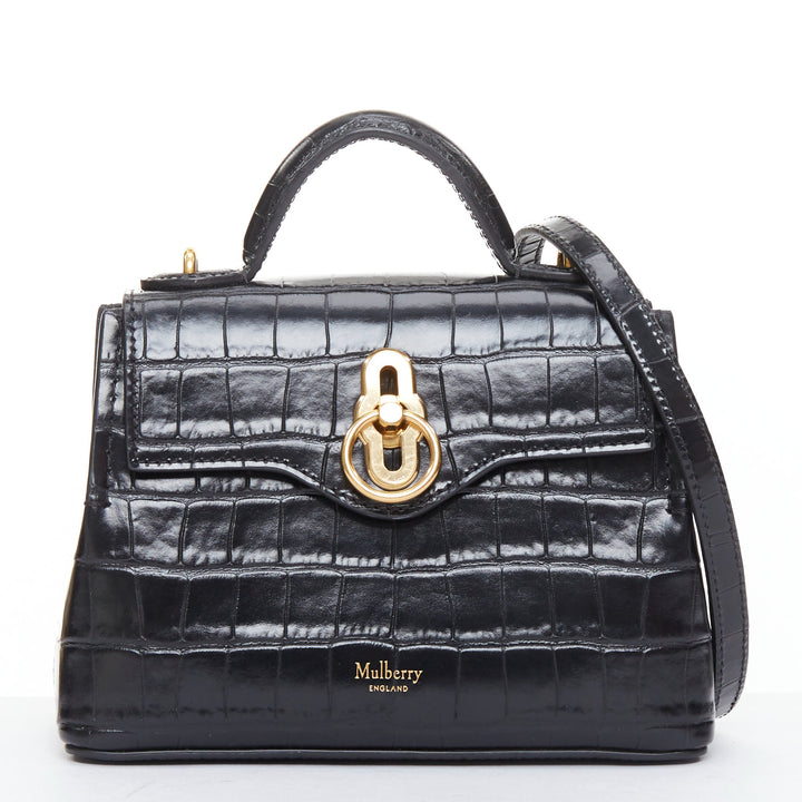 MULBERRY Micro Seaton black embossed cow hide gold turnlock logo crossbody bag