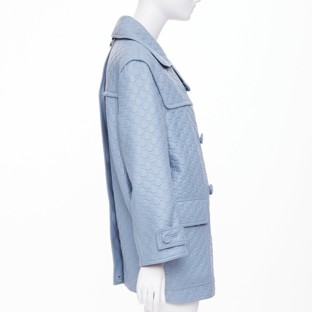GUCCI 2024 Runway All Over Embossed GG Button Split Back blue leather coat IT38