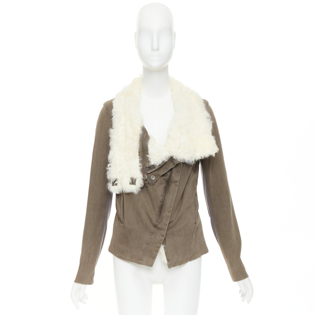HELMUT LANG cream lambskin fur collar brown cotton blend flare jacket M