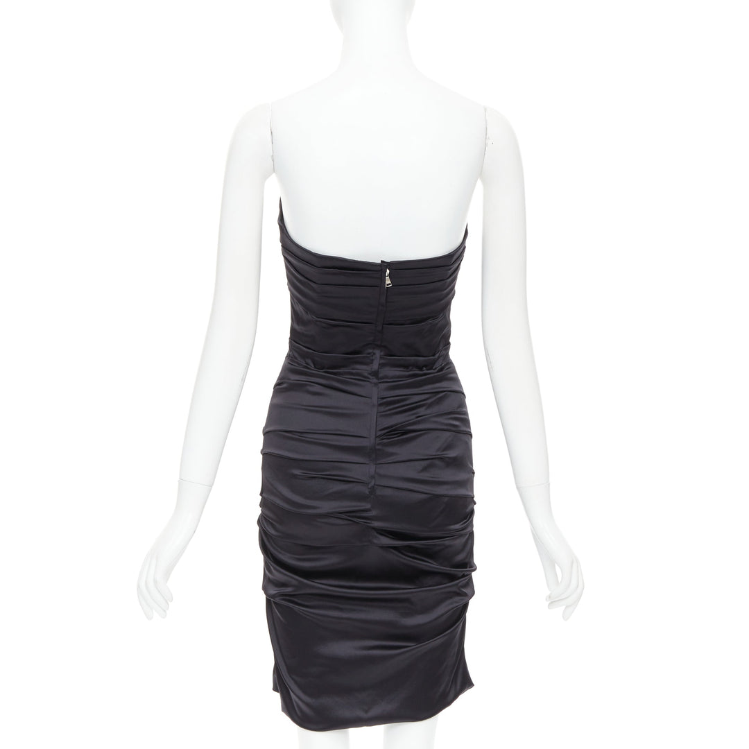 DOLCE GABBANA black silk blend angular bust rushed cocktail dress IT40 S