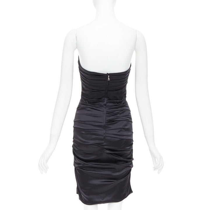 DOLCE GABBANA black silk blend angular bust rushed cocktail dress IT40 S