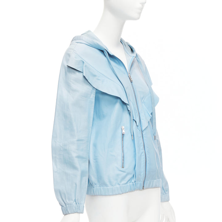 RED VALENTINO powder blue lambskin leather ruffle panel hoodie jacket IT40 S